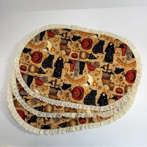 Halloween Themed Oval Placemat Lace Trim Witch pumpkin cat orange fall decor 3 - Picture 5 of 7